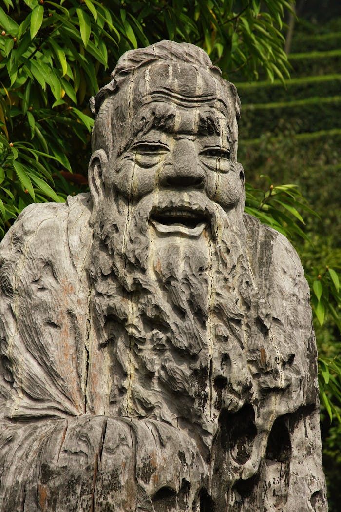 Close-up of a weathered stone sculpture of a Chinese philosopher surrounded by greenery.