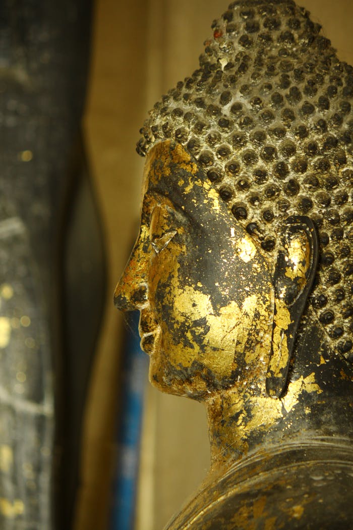 Side view of a Buddha statue adorned with gold leaf, showcasing intricate details and serene expression.